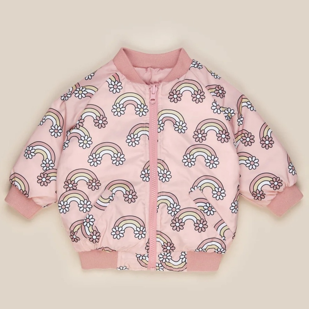 HUXBABY DAISY RAINBOW REVERSIBLE BOMBER Jacket. Size 4